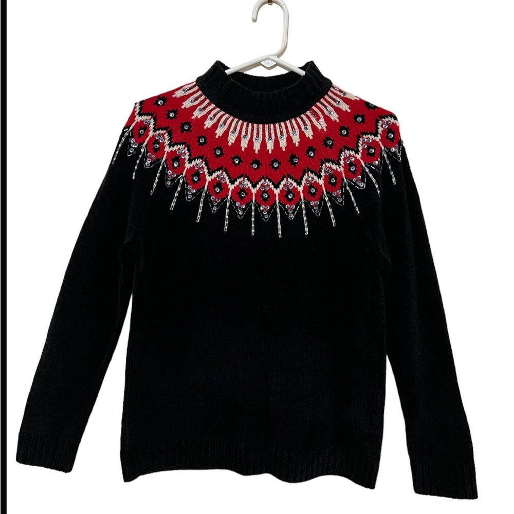 JENNIFER MOORE BLACK RED AND CREAM SEQUIN EMBELISHED MOCK NECK SWEATER S…